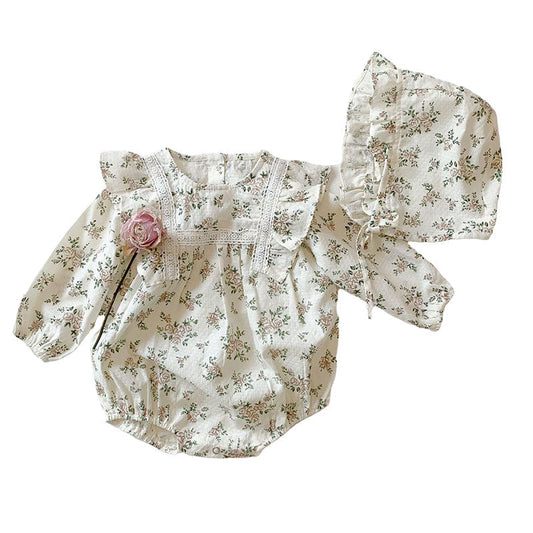 Fashion Baby Kid Girls Flower Print Rompers Hats