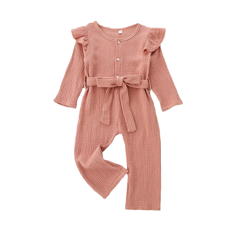 Kid Girls Solid Color Muslin&Ribbed Jumpsuits