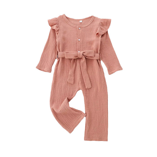 Kid Girls Solid Color Muslin&Ribbed Jumpsuits