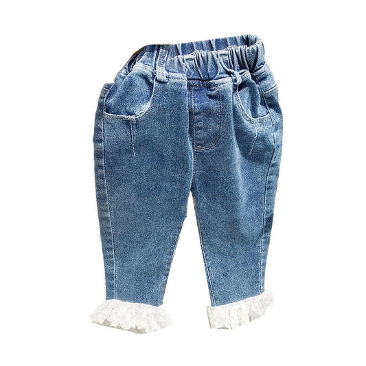 Baby Kid Girls Solid Color Lace Tops And Pants Jeans