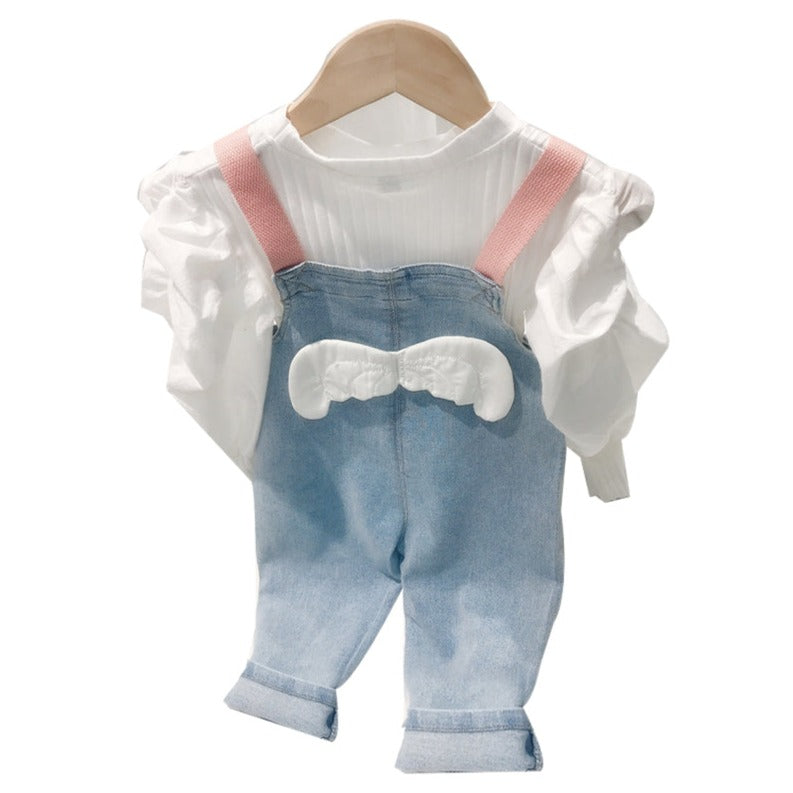 Baby Kid Girls Solid Color Muslin&Ribbed Tops And Jumpsuits