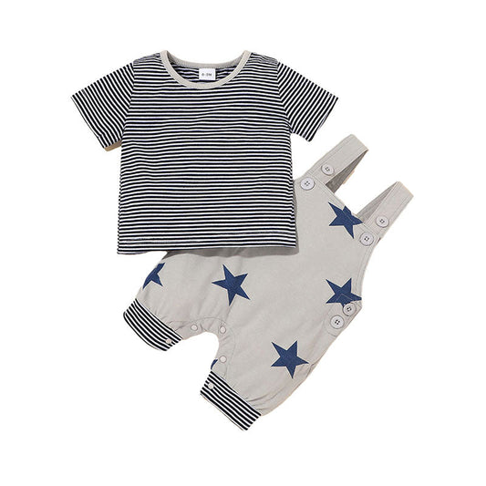 2 Pieces Set Baby Kid Boys Striped Print T-Shirts And Star Rompers