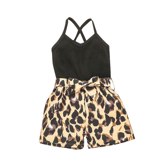 Cute Baby Kid Girls Leopard print Bow Muslin&Ribbed Rompers