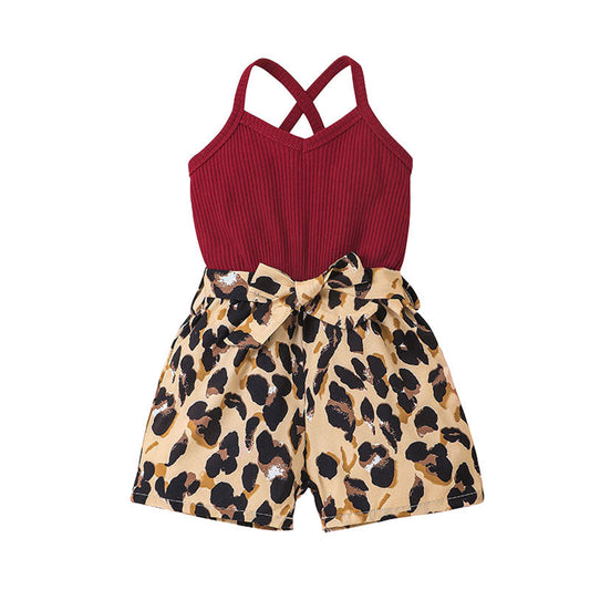 Cute Baby Kid Girls Leopard print Bow Muslin&Ribbed Rompers