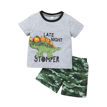 2 Pieces Set Baby Kid Boys Letters Dinosaur Animals Print T-Shirts And Camo Shorts