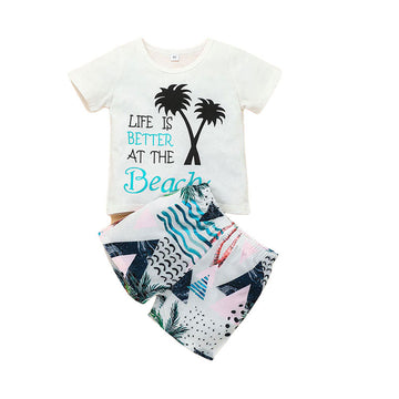 2 Pieces Set Baby Kid Boys Beach Letters Cartoon Plant Print T-Shirts And Shorts