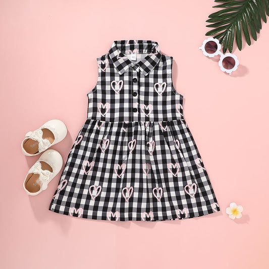 Baby Kid Girls Love heart Checked Print Dresses