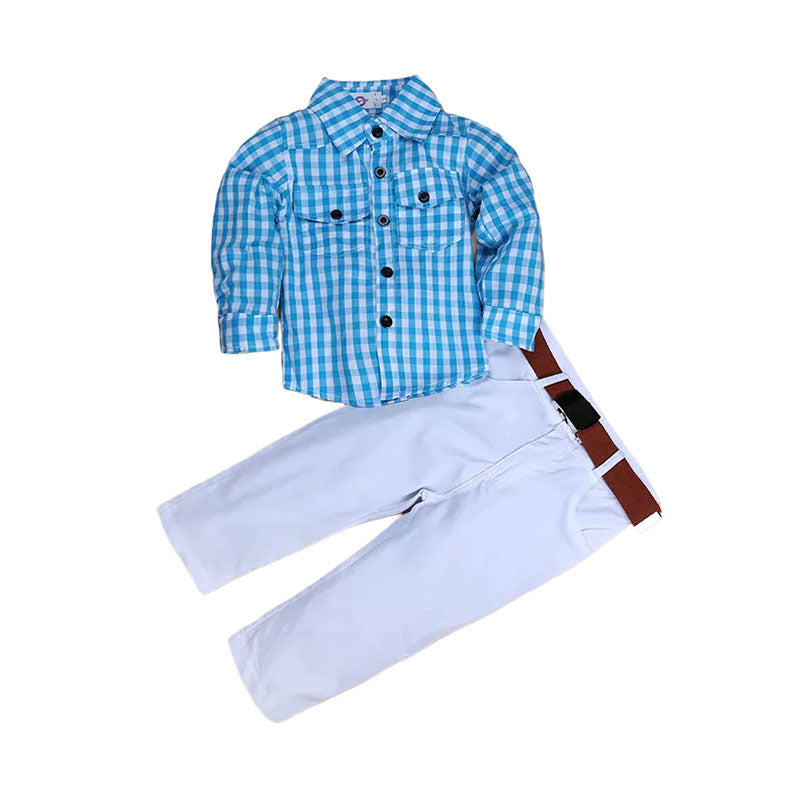 2 Pieces Set Baby Kid Boys Checked Print Shirts And Solid Color Pants