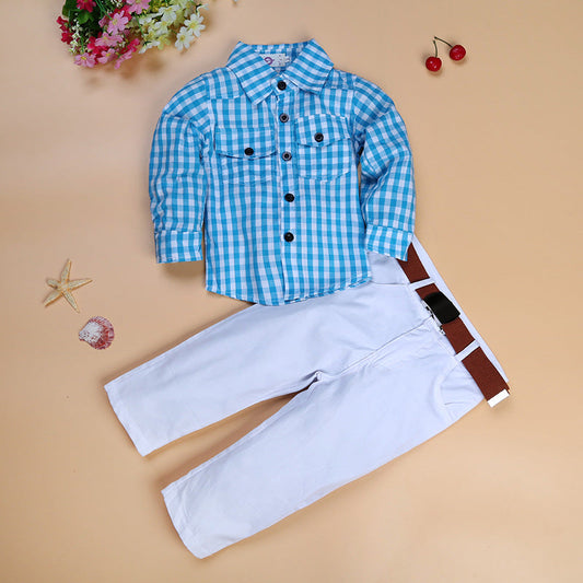 2 Pieces Set Baby Kid Boys Checked Print Shirts And Solid Color Pants