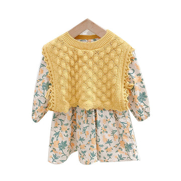 Baby Kid Girls Solid Color Crochet Vests&Waistcoats And Flower Print Dresses