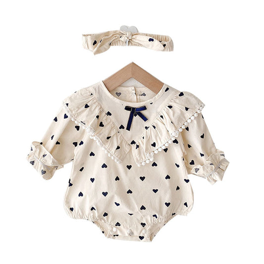 Fashion Baby Girls Love heart Bow Print Rompers Headwear