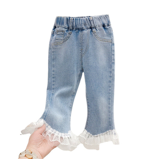 Baby Kid Girls Solid Color Lace Pants Jeans