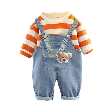 2 Pieces Set Baby Kid Unisex Striped Hoodies Swearshirts And Cartoon Jumpsuits