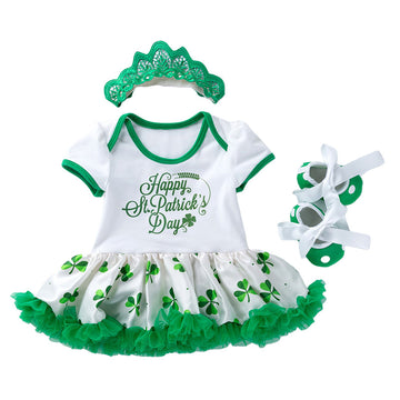 3 Pieces Set Baby Girls St Patrick's Day Letters Flower Print Dresses Shoes And Others accessories