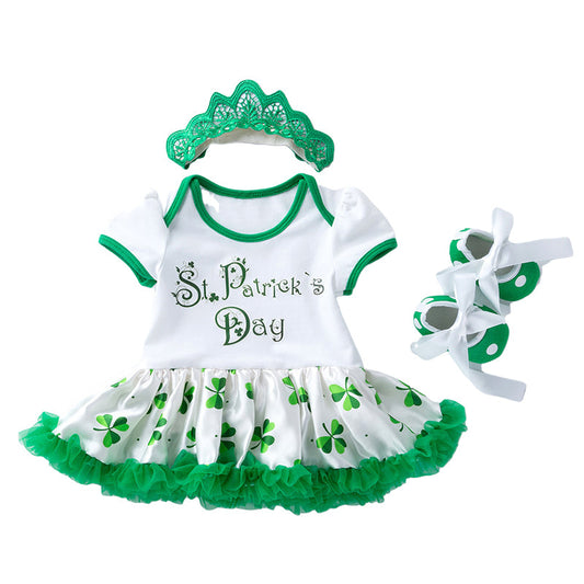 3 Pieces Set Baby Girls St Patrick's Day Letters Flower Print Dresses Shoes And Others accessories