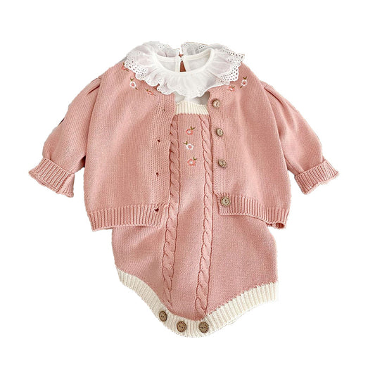 Baby Kid Girls Flower Embroidered Cardigan Knitwear Rompers