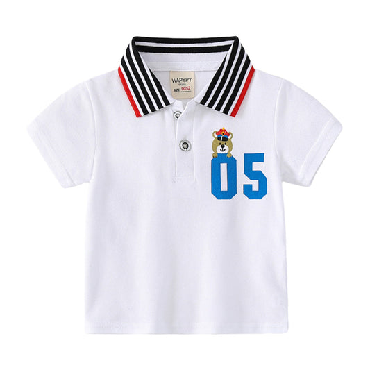 Baby Kid Boys Striped Letters Cartoon Print Polo Shirts