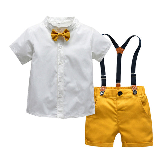 2 Pieces Set Baby Kid Big Kid Boys Striped Bow Shirts And Solid Color Rompers