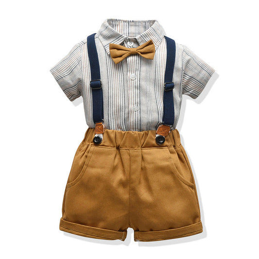 2 Pieces Set Baby Kid Big Kid Boys Striped Bow Shirts And Solid Color Rompers