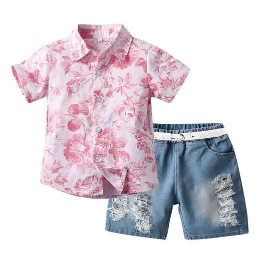 2 Pieces Set Baby Kid Girls Flower Print Shirts And Ripped Shorts Dresses