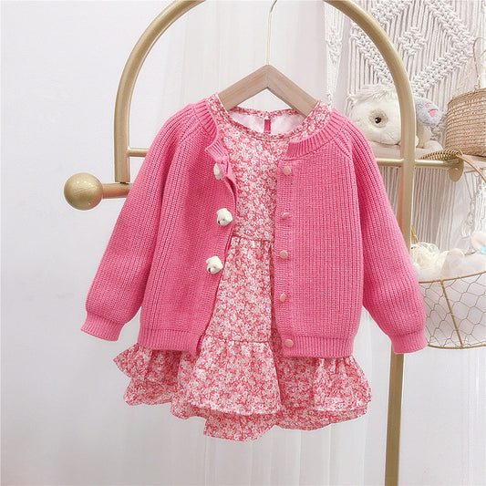 Cute Baby Kid Girls Solid Color Cardigan Knitwear And Flower Print Dresses