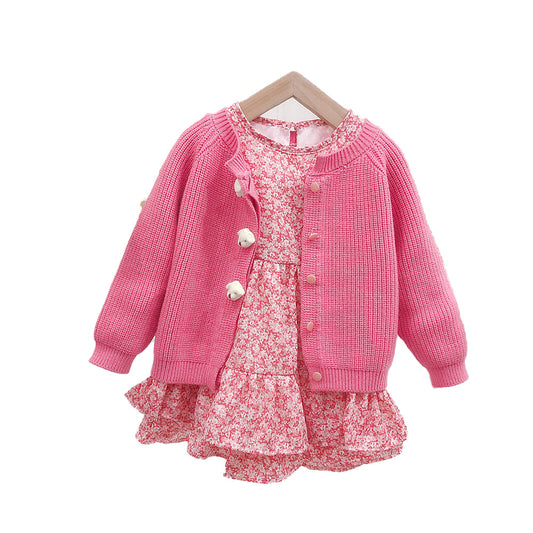 Cute Baby Kid Girls Solid Color Cardigan Knitwear And Flower Print Dresses