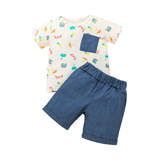 2 Pieces Set Baby Kid Boys Fruit Cartoon Print T-Shirts And Solid Color Shorts