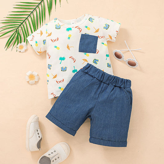 2 Pieces Set Baby Kid Boys Fruit Cartoon Print T-Shirts And Solid Color Shorts