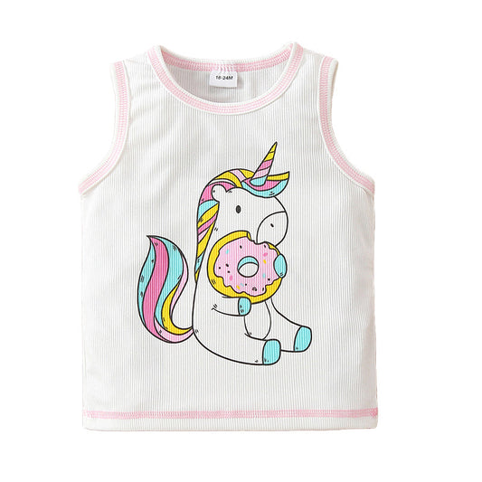 Baby Kid Girls Unicorn Muslin&Ribbed Print Tank Tops