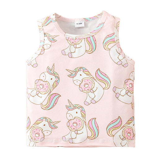 Baby Kid Girls Unicorn Muslin&Ribbed Print Tank Tops