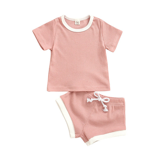 Fashion 2 Pieces Set Baby Kid Girls Boys Color-blocking Muslin&Ribbed T-Shirts And Shorts