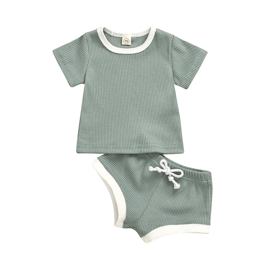 Fashion 2 Pieces Set Baby Kid Girls Boys Color-blocking Muslin&Ribbed T-Shirts And Shorts