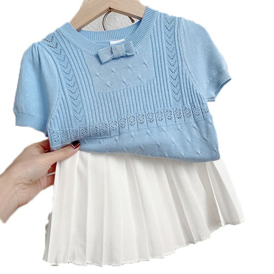 Baby Kid Girls Solid Color Bow Embroidered T-Shirts Knitwear