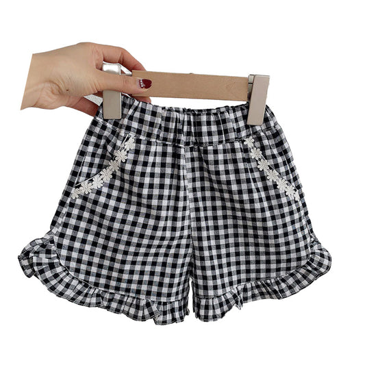 Baby Kid Girls Flower Checked Lace Shorts