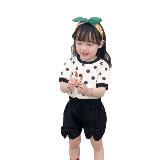 Baby Kid Girls Color-blocking Polka dots Cartoon Print T-Shirts And Solid Color Shorts