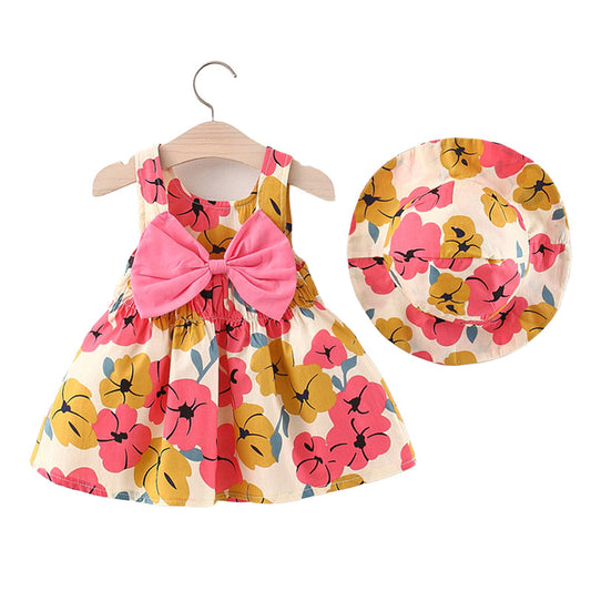 Fashion Baby Girls Flower Bow Print Dresses And Accessories Hats