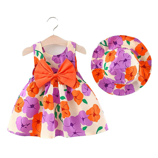 Fashion Baby Girls Flower Bow Print Dresses And Accessories Hats