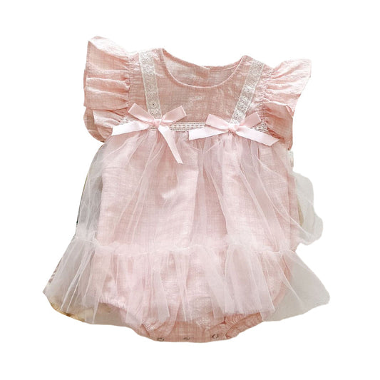 Baby Kid Girls Solid Color Bow Rompers