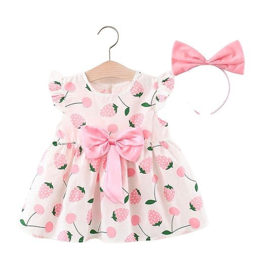 Baby Kid Girls Fruit Cartoon Bow Print Dresses And Headwear