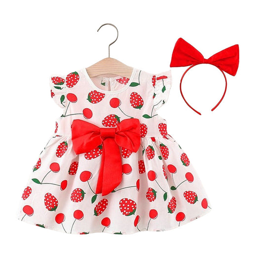 Baby Kid Girls Fruit Cartoon Bow Print Dresses And Headwear