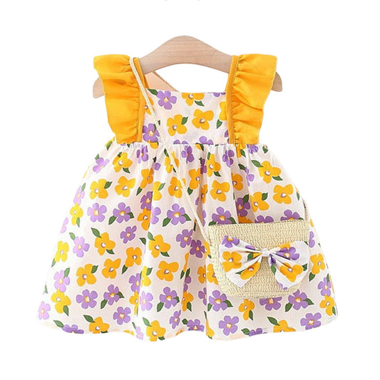 Cute Baby Girls Flower Print Dresses And Bag