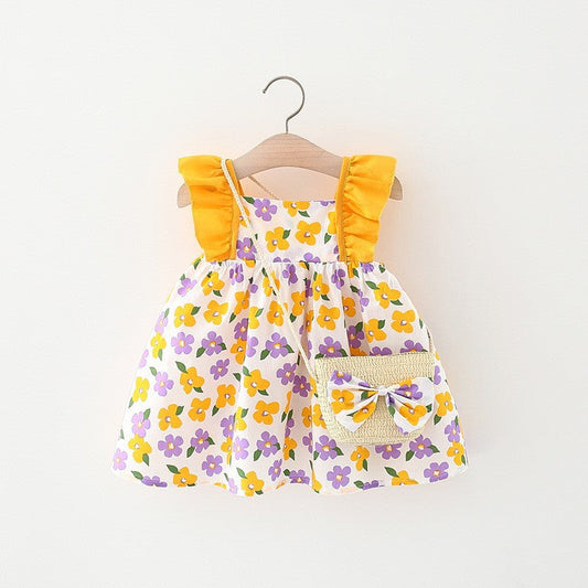 Cute Baby Girls Flower Print Dresses And Bag