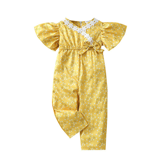 Baby Kid Girls Flower Bow Lace Embroidered Print Jumpsuits