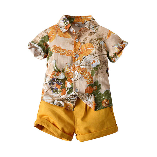 Fashion 2 Pieces Set Baby Kid Boys Beach Flower Tropical Plant Shirts And Solid Color Shorts