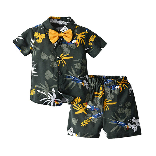 Fashion 2 Pieces Set Baby Kid Boys Beach Flower Tropical Plant Shirts And Solid Color Shorts