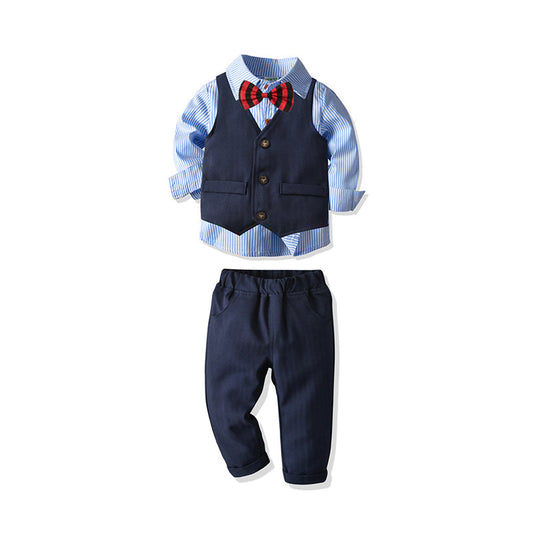 Fashion 3 Pieces Set Baby Kid Boys Birthday Party Striped Bow Shirts Solid Color Vests Waistcoats And Pants