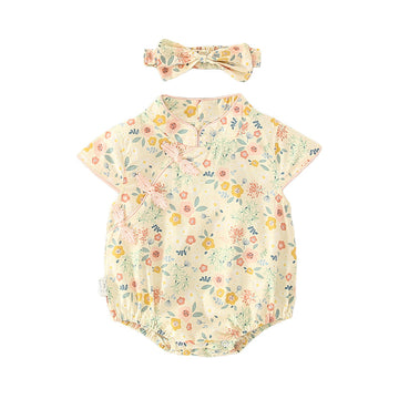 Baby Girls Flower Print Rompers And Accessories Bow Headwear