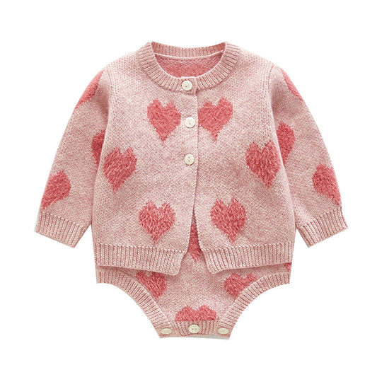 Baby Girls Love heart Crochet Print Cardigan Rompers