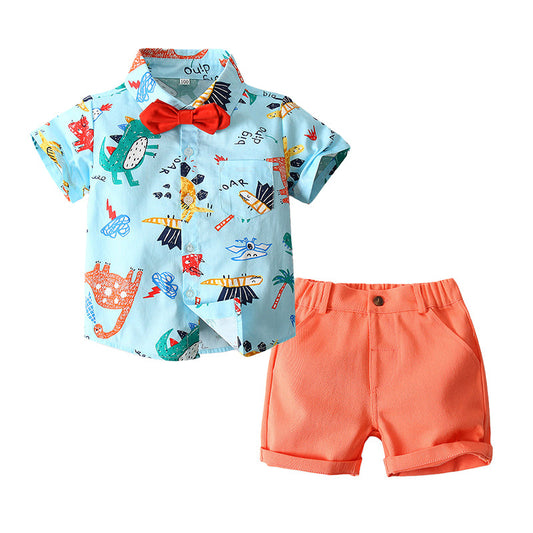 2 Pieces Set Baby Kid Boys Dinosaur Cartoon Bow Print Shirts And Shorts