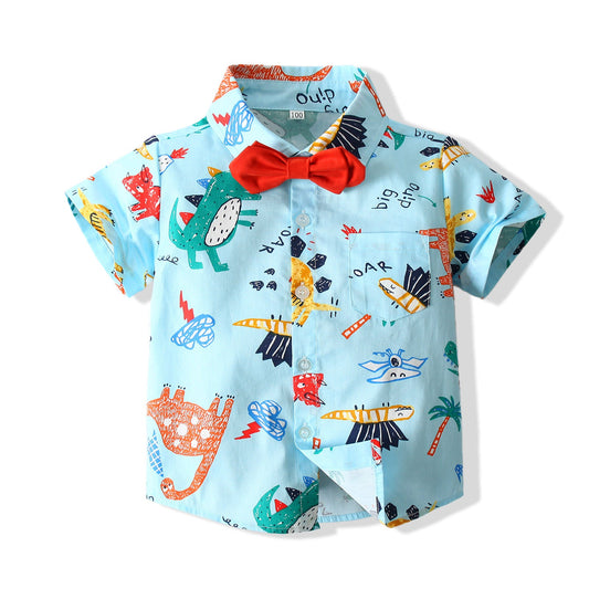 2 Pieces Set Baby Kid Boys Dinosaur Cartoon Bow Print Shirts And Shorts